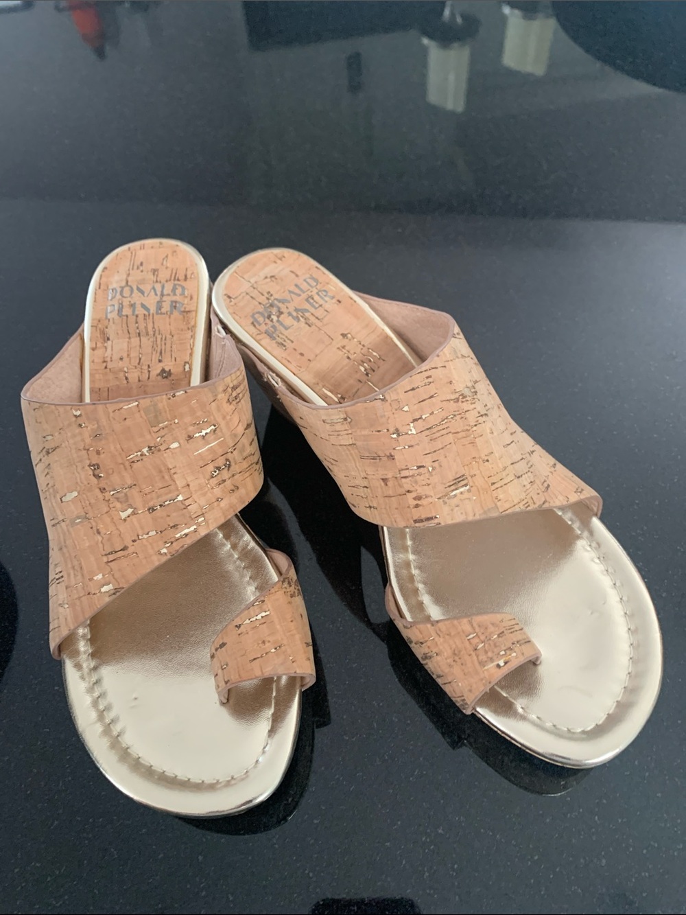 Donald J. Pliner Cork Crossband Slide Mules in Tan and Gold